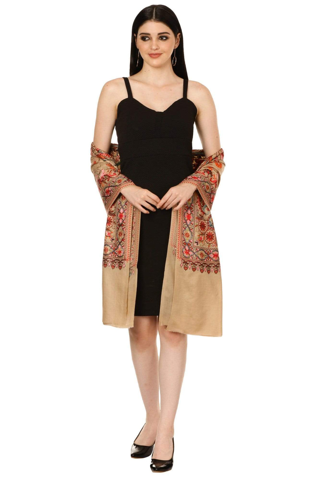 Pashtush India 70x200 Pashtush Tres Chic Regal Collection, Wool Embroidery Nalki Shawl Scarf, Sahara Beige