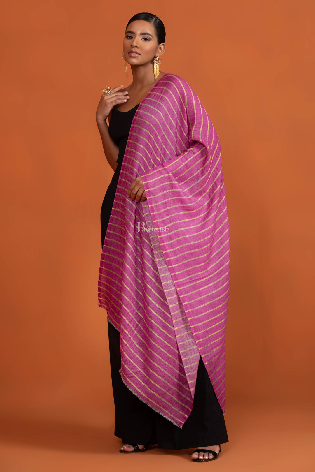 Pashtush India womens scarf and Stoles Pashtush Twilight Stole, With Woven Metallic Thread, Silk Wool, Rich Pink
