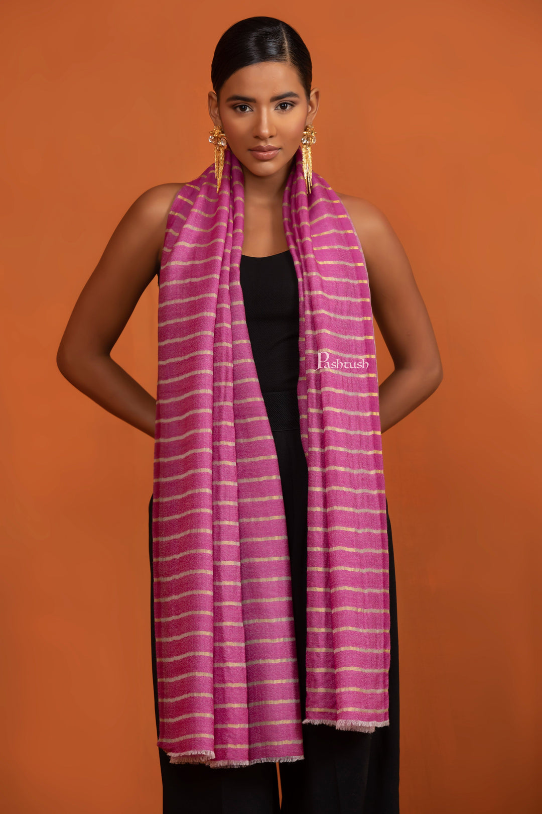 Pashtush India womens scarf and Stoles Pashtush Twilight Stole, With Woven Metallic Thread, Silk Wool, Rich Pink