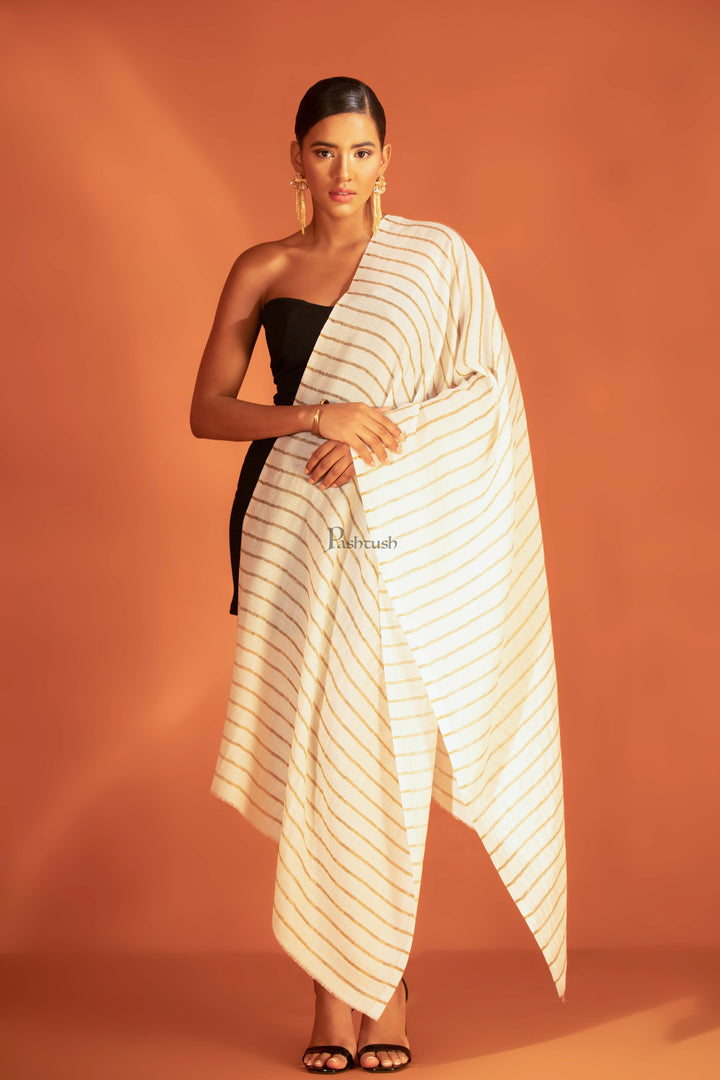 Pashtush India womens scarf and Stoles Pashtush Twilight Stole, With Woven Metallic Thread, Silk Wool, Striped Gold and Ivory