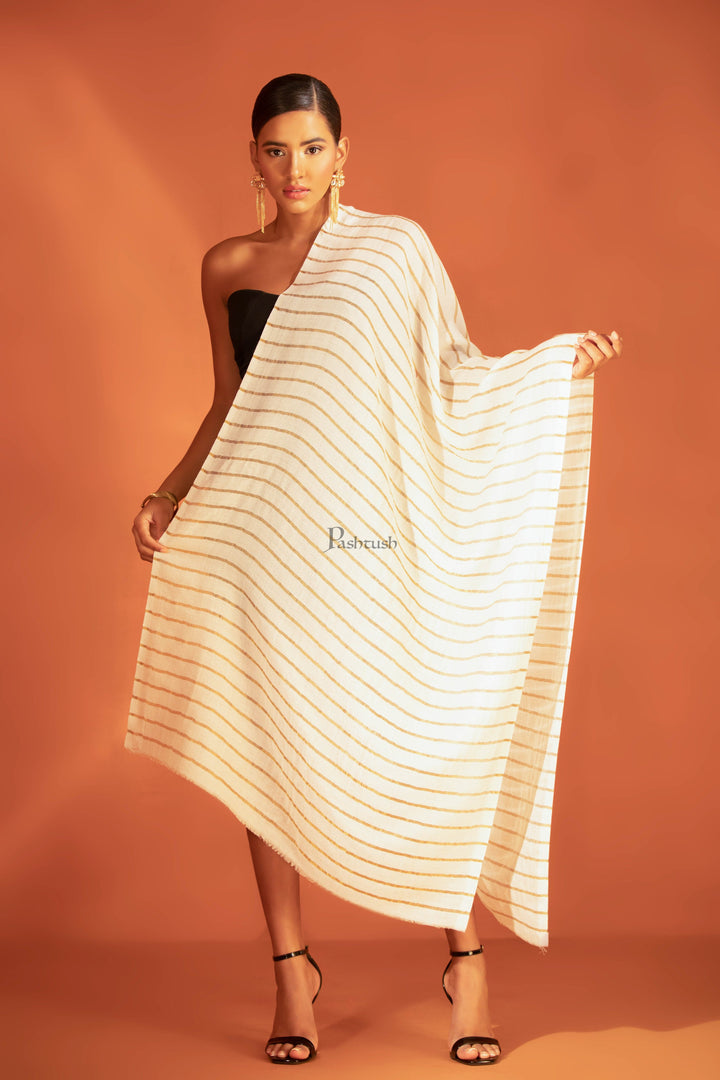 Pashtush India womens scarf and Stoles Pashtush Twilight Stole, With Woven Metallic Thread, Silk Wool, Striped Gold and Ivory