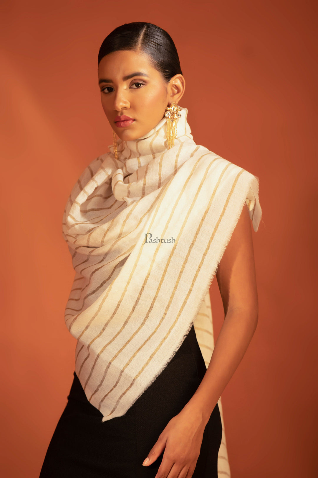 Pashtush India womens scarf and Stoles Pashtush Twilight Stole, With Woven Metallic Thread, Silk Wool, Striped Gold and Ivory