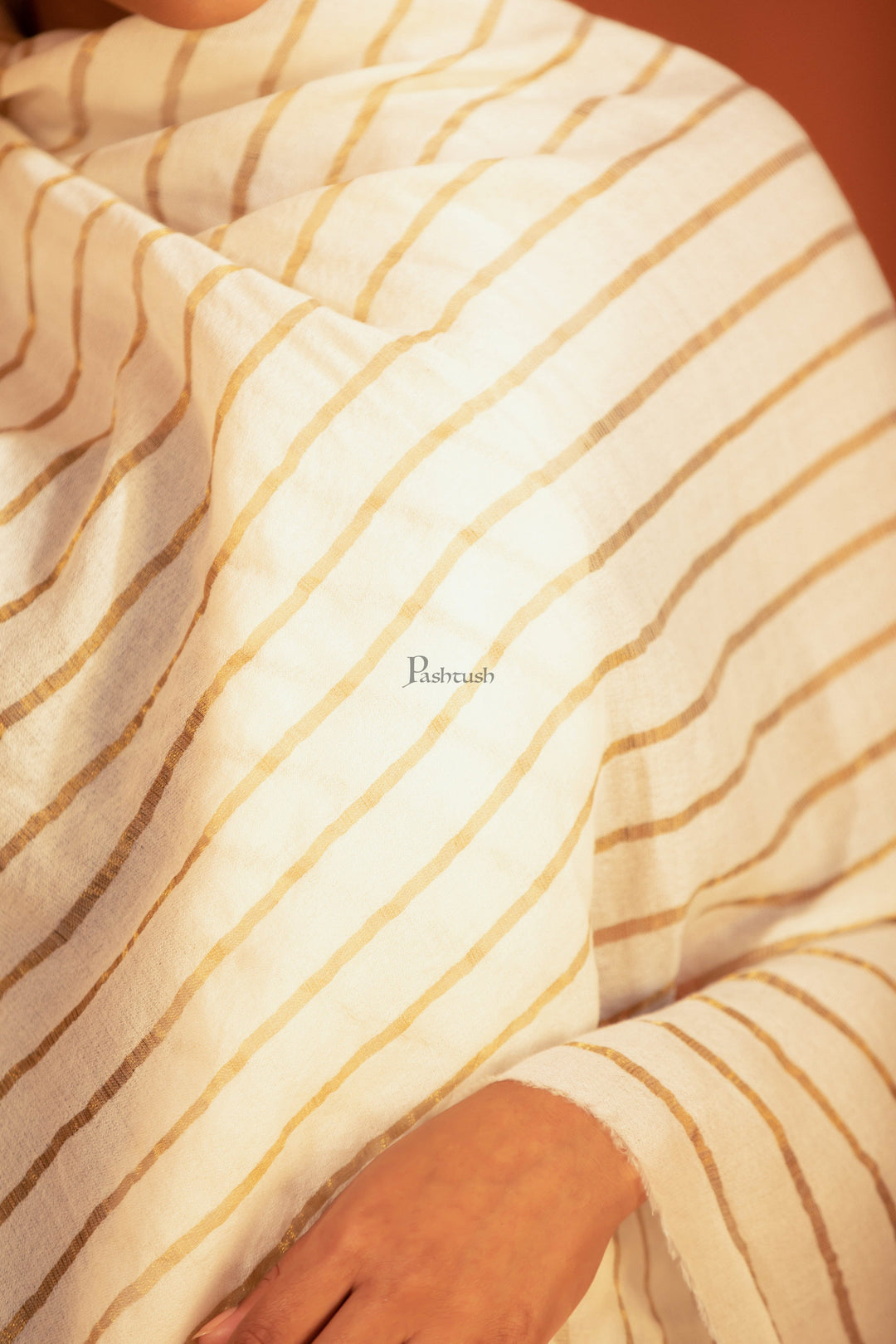Pashtush India womens scarf and Stoles Pashtush Twilight Stole, With Woven Metallic Thread, Silk Wool, Striped Gold and Ivory