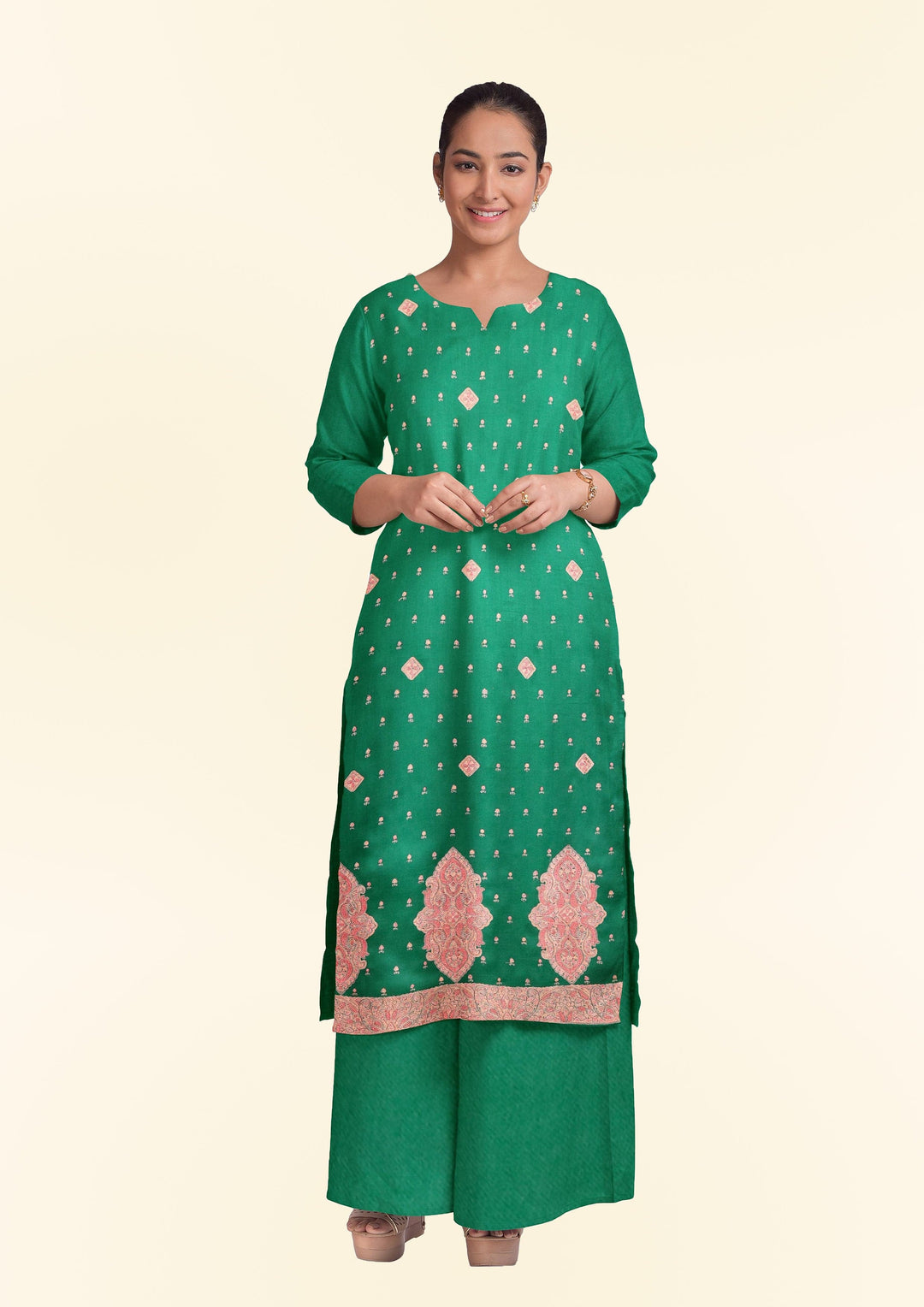Pashtush India Apparel & Accessories Pashtush Unstitched Kashmiri Embroidery 2-Piece Suit, Fine Wool, Soft and Warm, Green