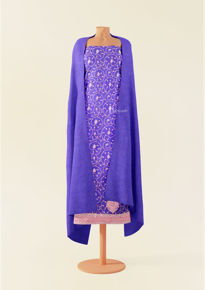 Pashtush India Apparel &amp; Accessories Pashtush Unstitched Kashmiri Embroidery Suit with shawl, Fine Wool, Soft and Warm, Blue