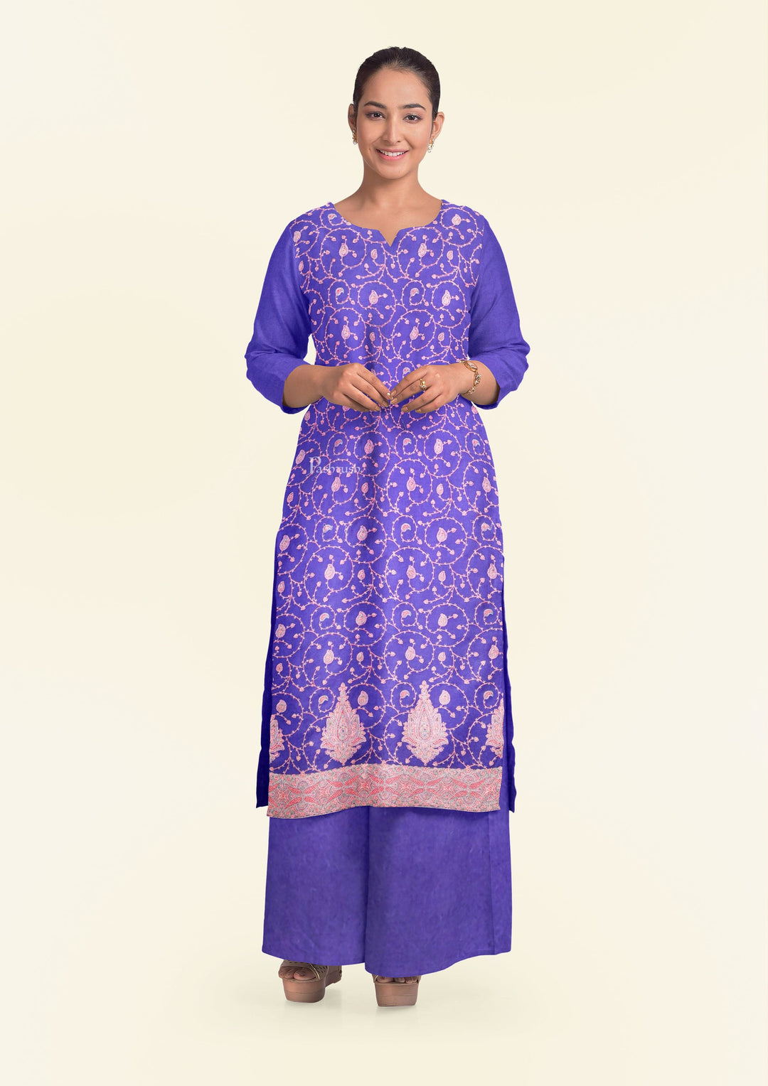 Pashtush India Apparel &amp; Accessories Pashtush Unstitched Kashmiri Embroidery Suit with shawl, Fine Wool, Soft and Warm, Blue