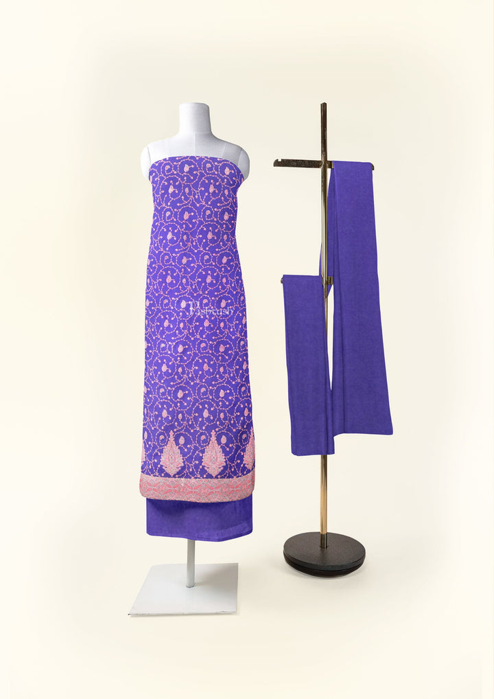 Pashtush India Apparel &amp; Accessories Pashtush Unstitched Kashmiri Embroidery Suit with shawl, Fine Wool, Soft and Warm, Blue