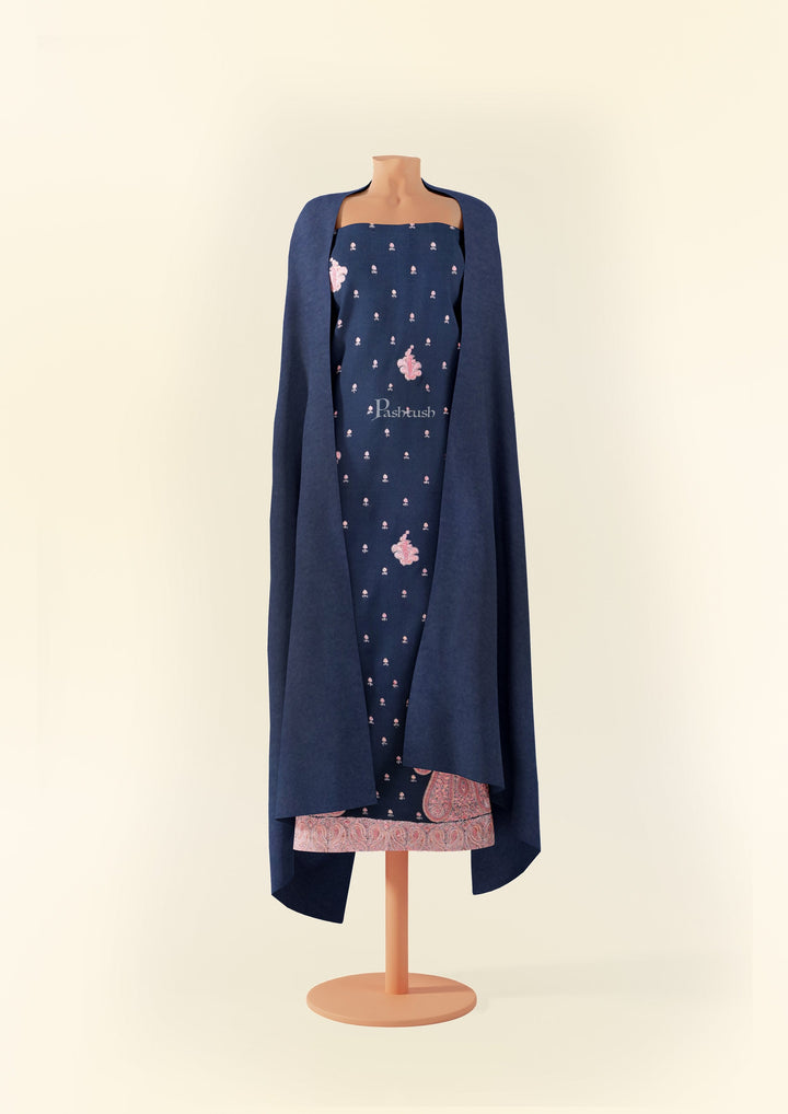 Pashtush India Apparel & Accessories Pashtush Unstitched Kashmiri Embroidery Suit with shawl, Fine Wool, Soft and Warm, Navy Blue