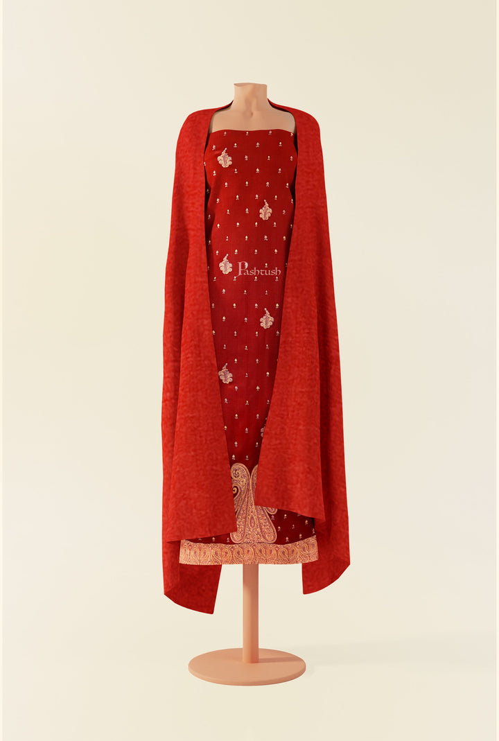 Pashtush India Apparel &amp; Accessories Pashtush Unstitched Kashmiri Embroidery Suit with shawl, Fine Wool, Soft and Warm, Red