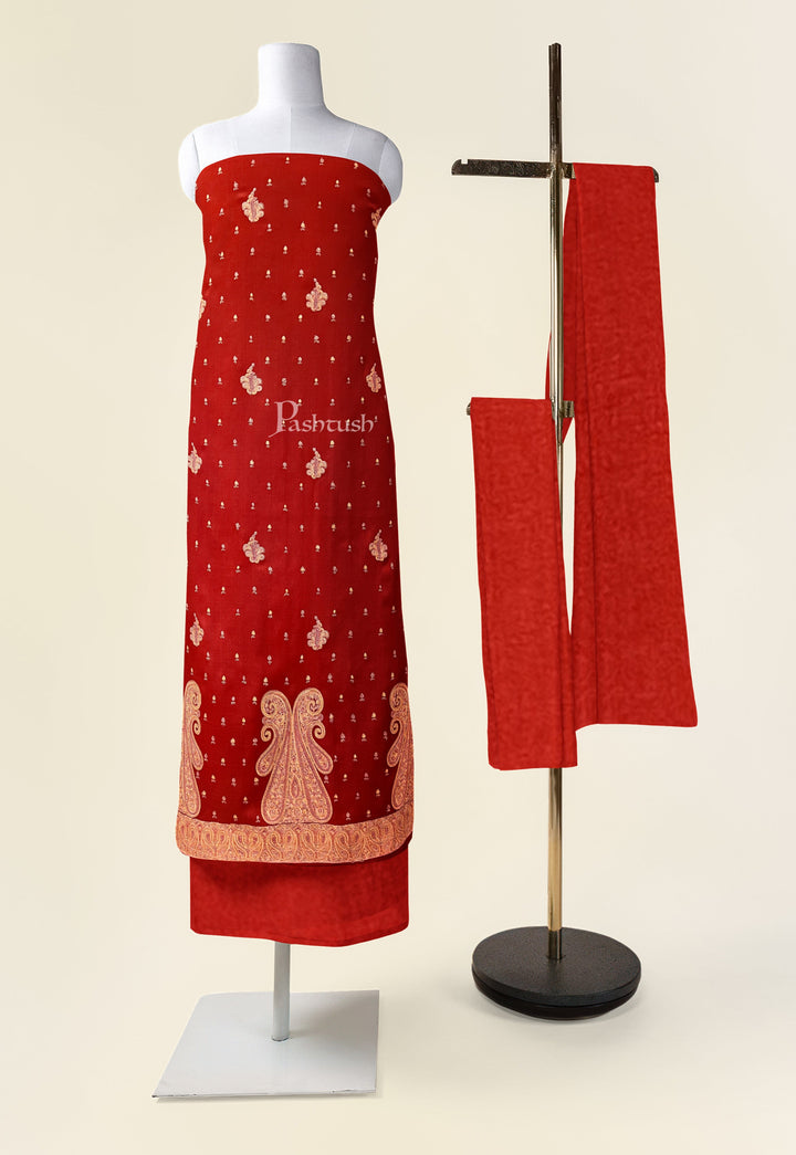 Pashtush India Apparel &amp; Accessories Pashtush Unstitched Kashmiri Embroidery Suit with shawl, Fine Wool, Soft and Warm, Red