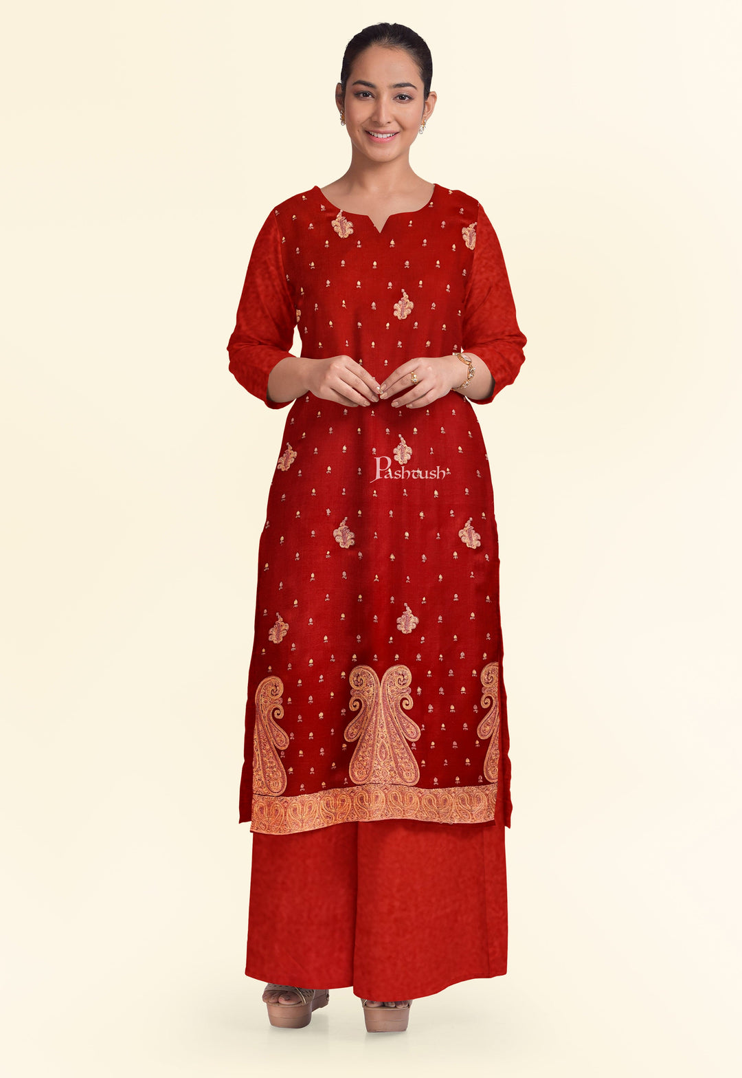 Pashtush India Apparel &amp; Accessories Pashtush Unstitched Kashmiri Embroidery Suit with shawl, Fine Wool, Soft and Warm, Red