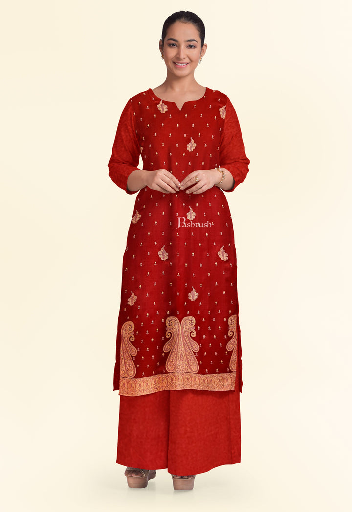 Pashtush India Apparel &amp; Accessories Pashtush Unstitched Kashmiri Embroidery Suit with shawl, Fine Wool, Soft and Warm, Red