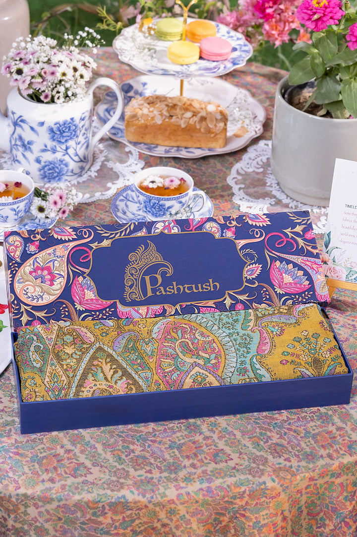 Pashtush India Gift Pack Pashtush Women 100% Pure Wool, With Woolmark Certificate, Woven Kalamkari Design Shawl, Mustard