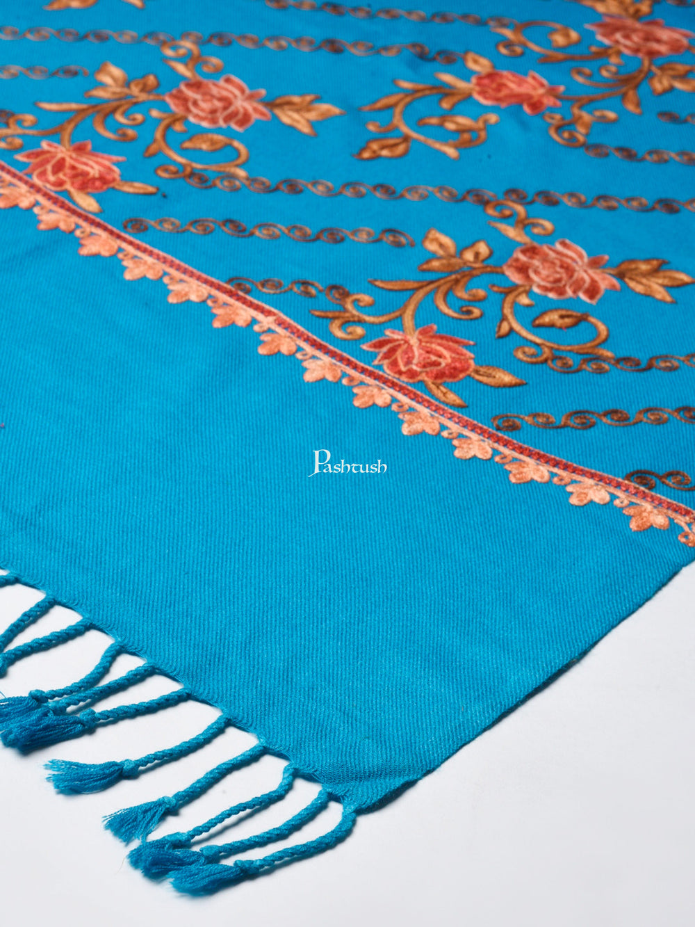 Pashtush India Womens Stoles and Scarves Scarf Pashtush Women Blue Coral Embroidered Designer Stole