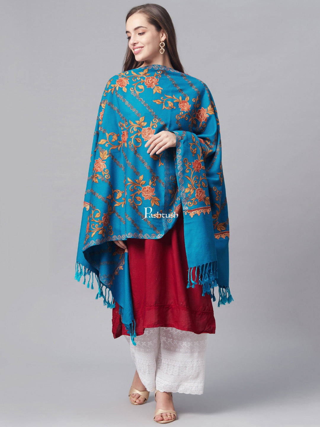 Pashtush India Womens Stoles and Scarves Scarf Pashtush Women Blue Coral Embroidered Designer Stole