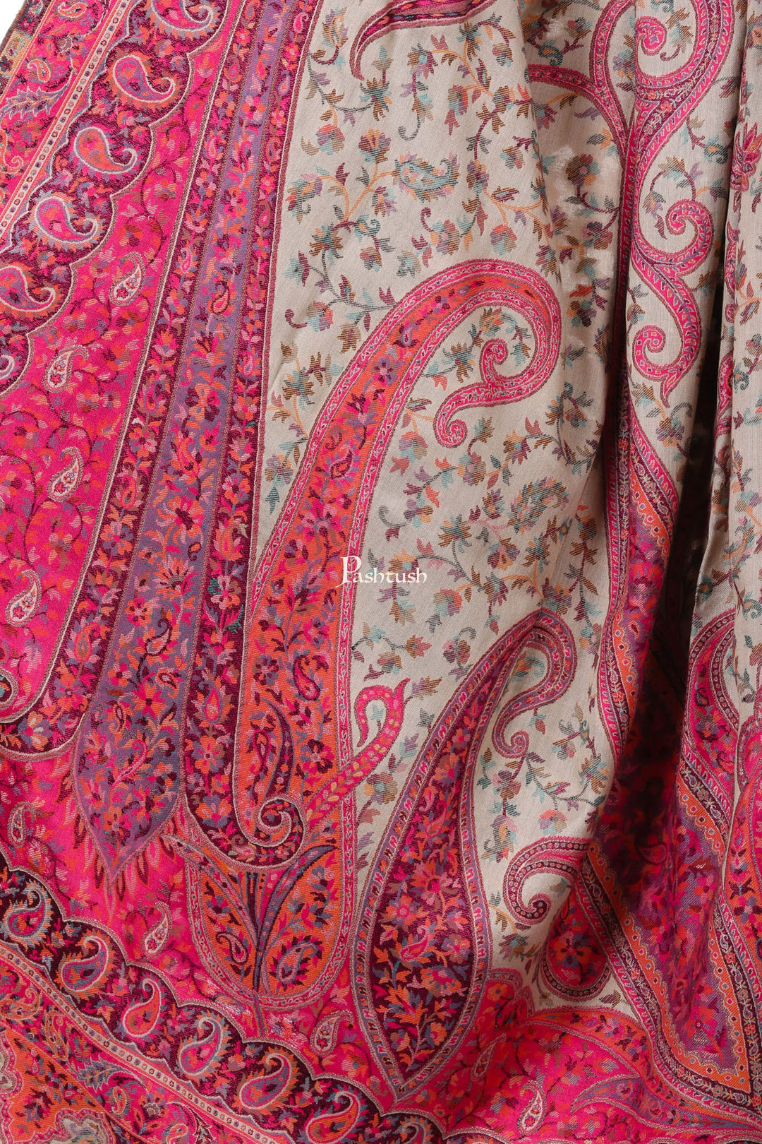 Pashtush India Womens Shawls Pashtush Women Cream-Coloured  Pink Woven Design Designer Shawl