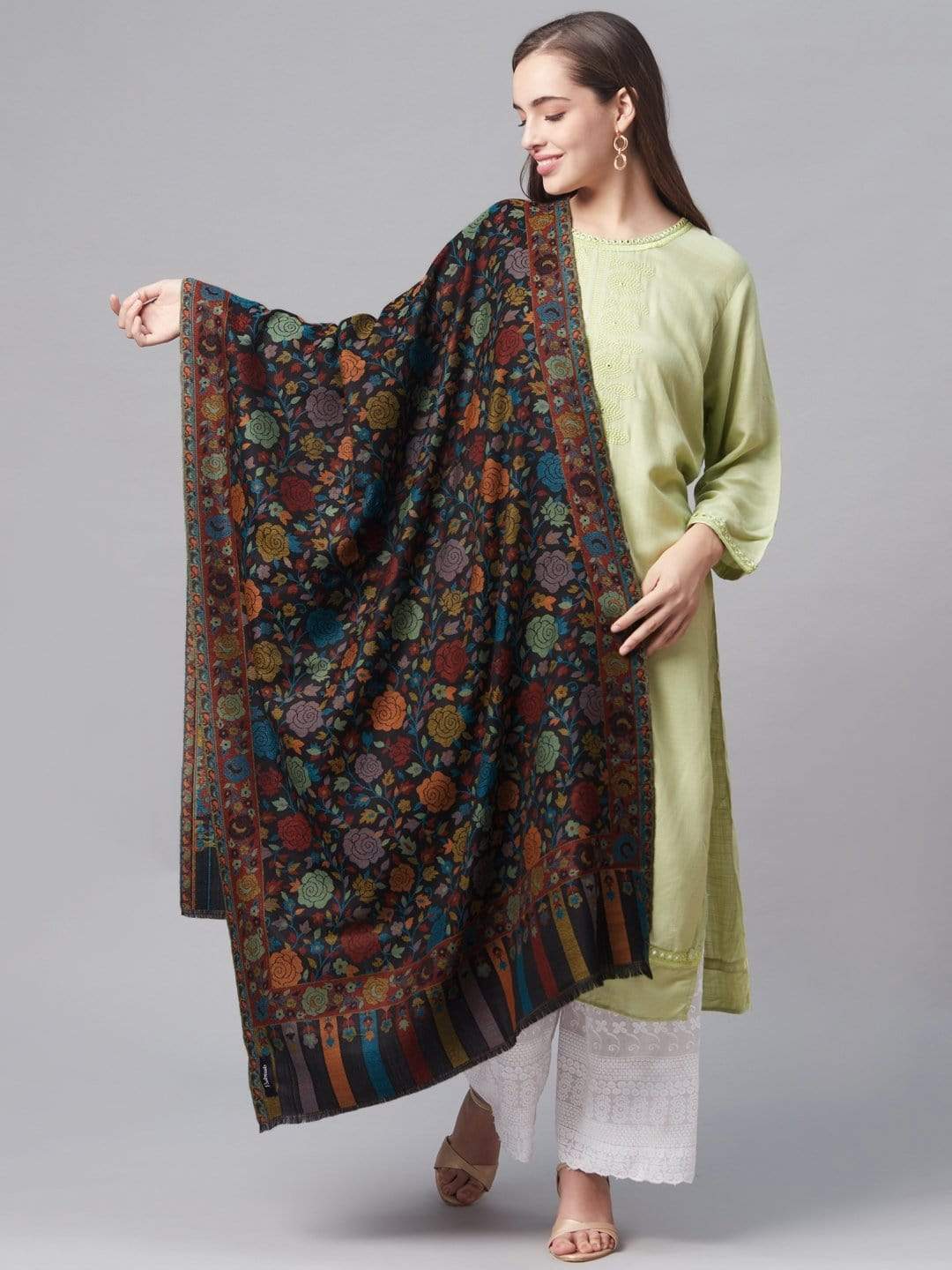 Pashtush India 70x200 Pashtush Women Extra Fine Wool, Gulaabdar Stole, Kaani Weave, Black