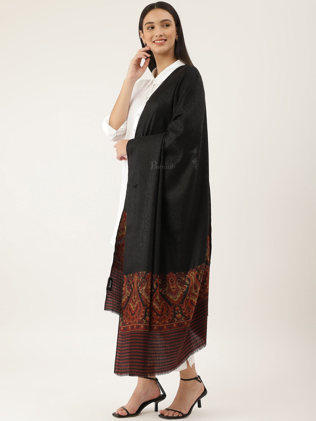 Pashtush India Womens Shawls Pashtush Women Extra Fine Wool shawl, Ethnic motifs design, Black