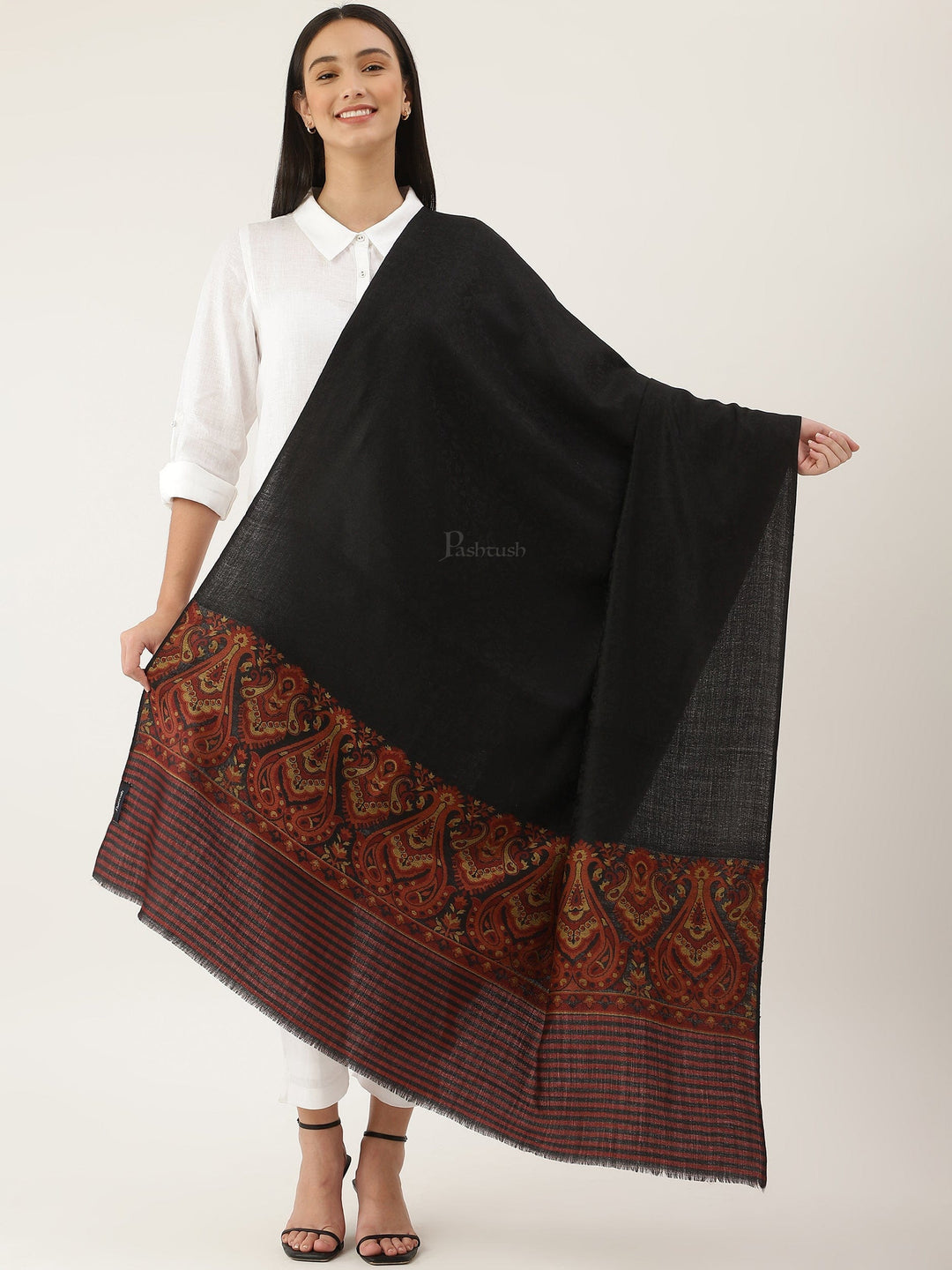 Pashtush India Womens Shawls Pashtush Women Extra Fine Wool shawl, Ethnic motifs design, Black