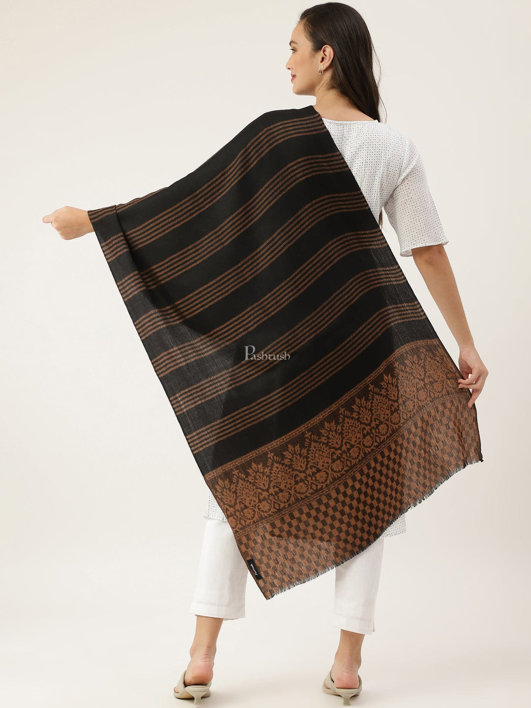 Pashtush India Womens Stoles and Scarves Scarf Pashtush women Extra Fine Wool stole, check design, black