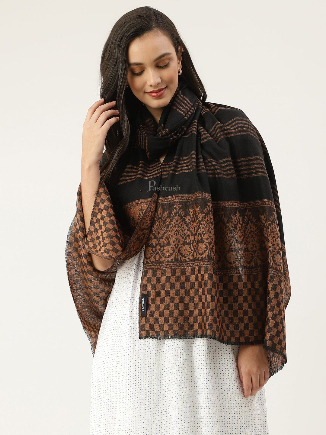 Pashtush India Womens Stoles and Scarves Scarf Pashtush women Extra Fine Wool stole, check design, black