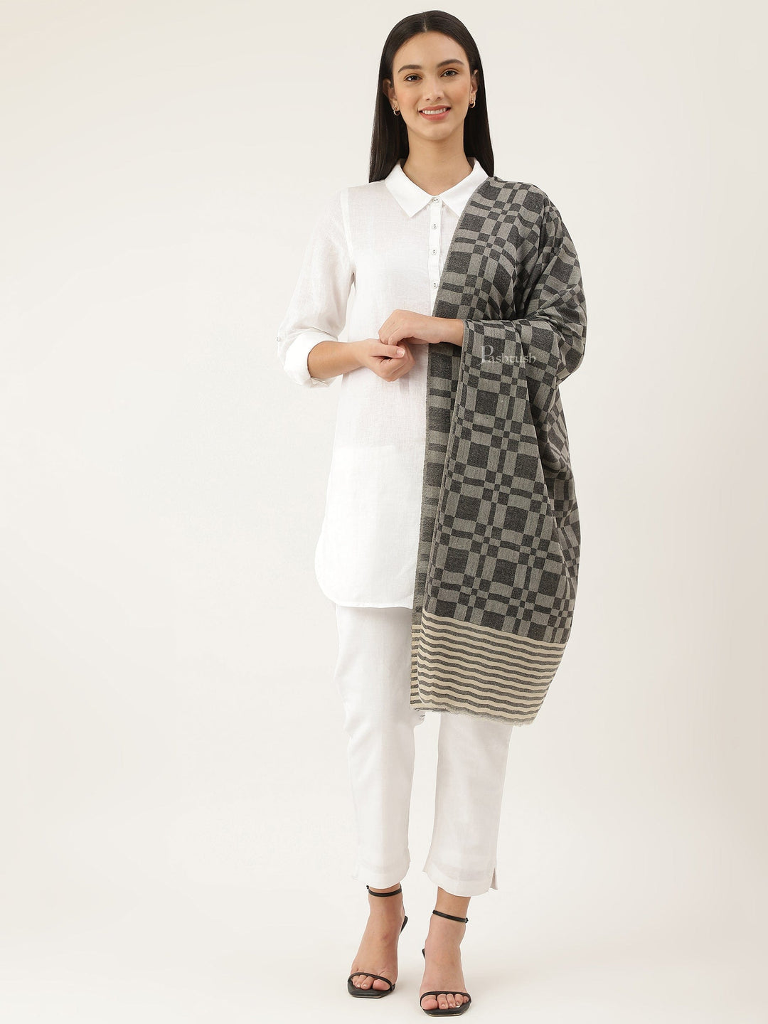 Pashtush India Womens Stoles and Scarves Scarf Pashtush women Extra Fine Wool stole, checkered design, Black