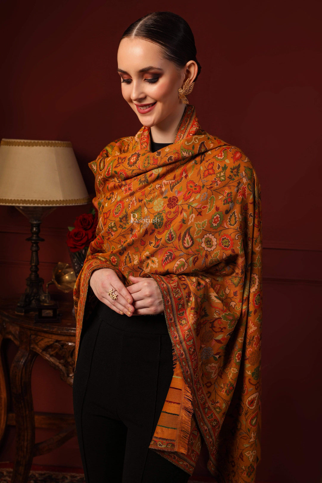 Pashtush India 100x200 Pashtush Women Faux Pashmina Ethnic Weave Shawl, Mustard