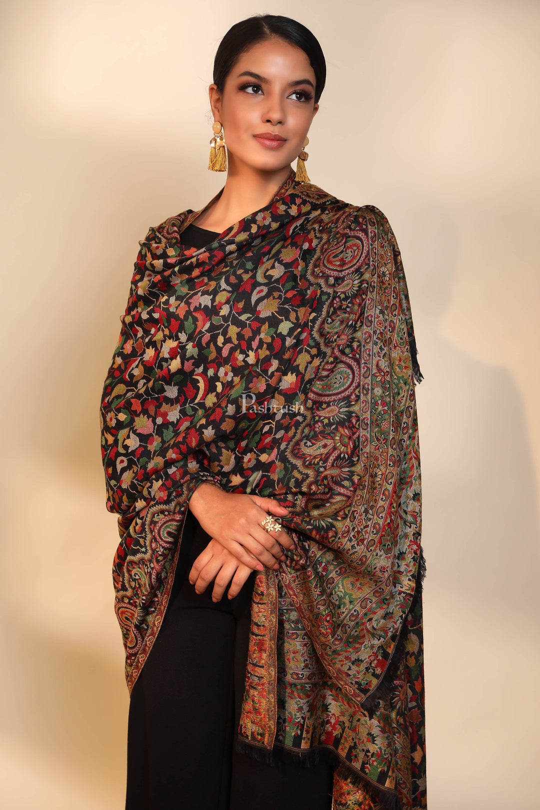 Pashtush India Womens Shawls Pashtush women faux pashmina shawl, ethnic weave design, black
