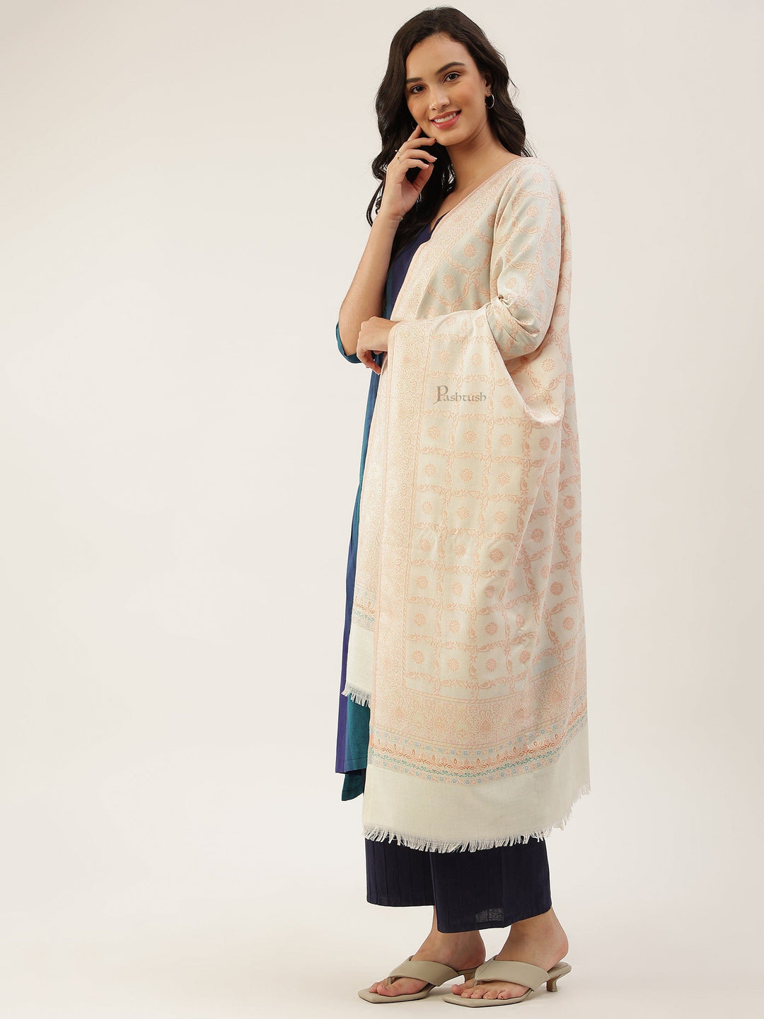Pashtush India Womens Stoles and Scarves Scarf Pashtush women Faux Pashmina stole, paisley weave with zari design, Ivory
