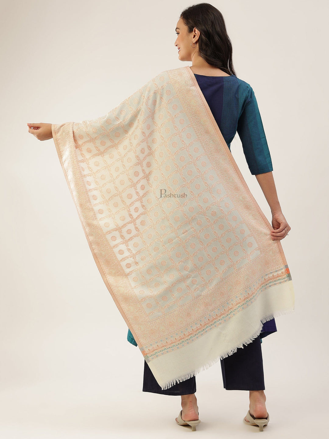 Pashtush India Womens Stoles and Scarves Scarf Pashtush women Faux Pashmina stole, paisley weave with zari design, Ivory