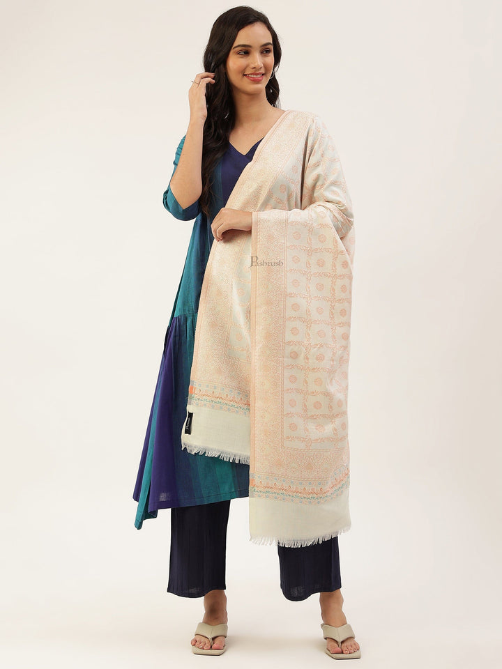 Pashtush India Womens Stoles and Scarves Scarf Pashtush women Faux Pashmina stole, paisley weave with zari design, Ivory