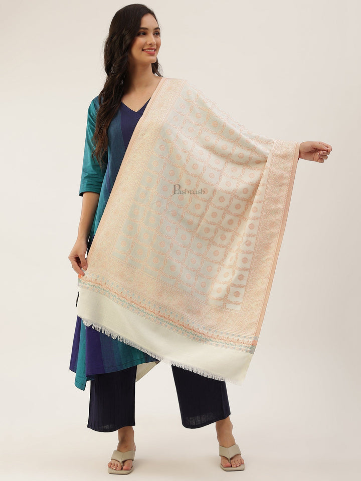 Pashtush India Womens Stoles and Scarves Scarf Pashtush women Faux Pashmina stole, paisley weave with zari design, Ivory