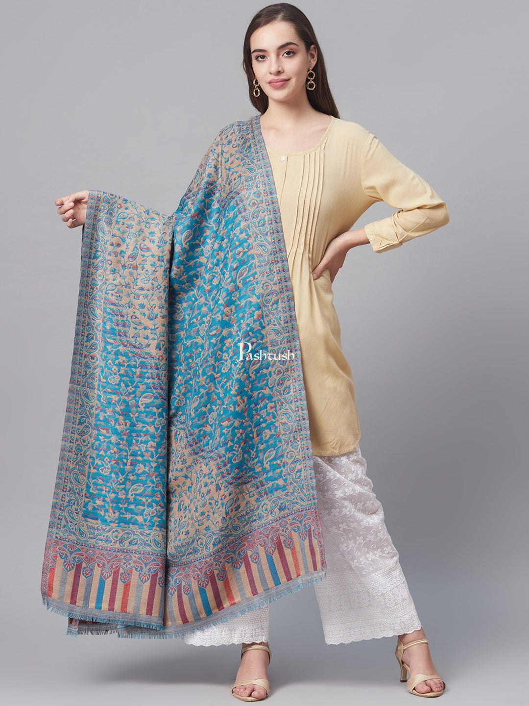 Pashtush India Womens Shawls Pashtush Women Faux Pashmina, Woven Design Jamawar Shawl, Blue Beige