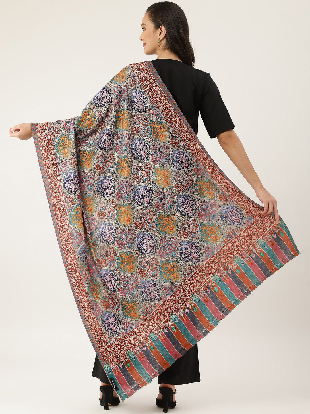 Pashtush India Womens Shawls Pashtush women Fine Wool shawl, Hand Embroidered Kalamkari design, Multicolour