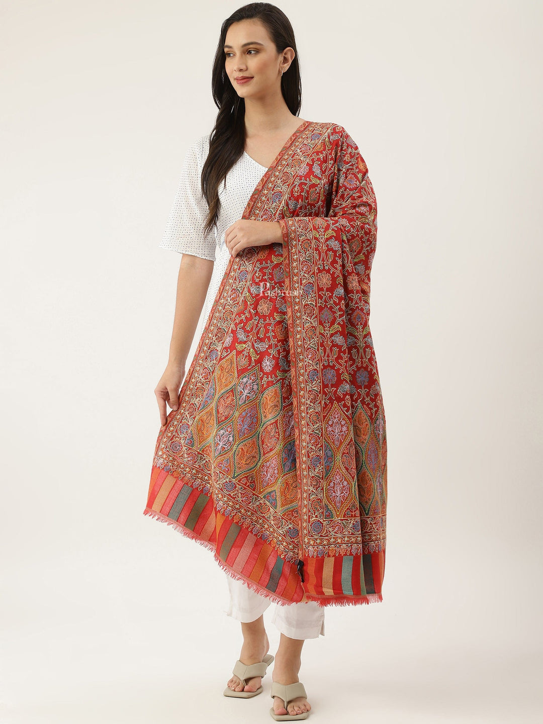 Pashtush India Womens Shawls Pashtush women Fine Wool shawl, Hand Embroidered Kalamkari design, Multicolour