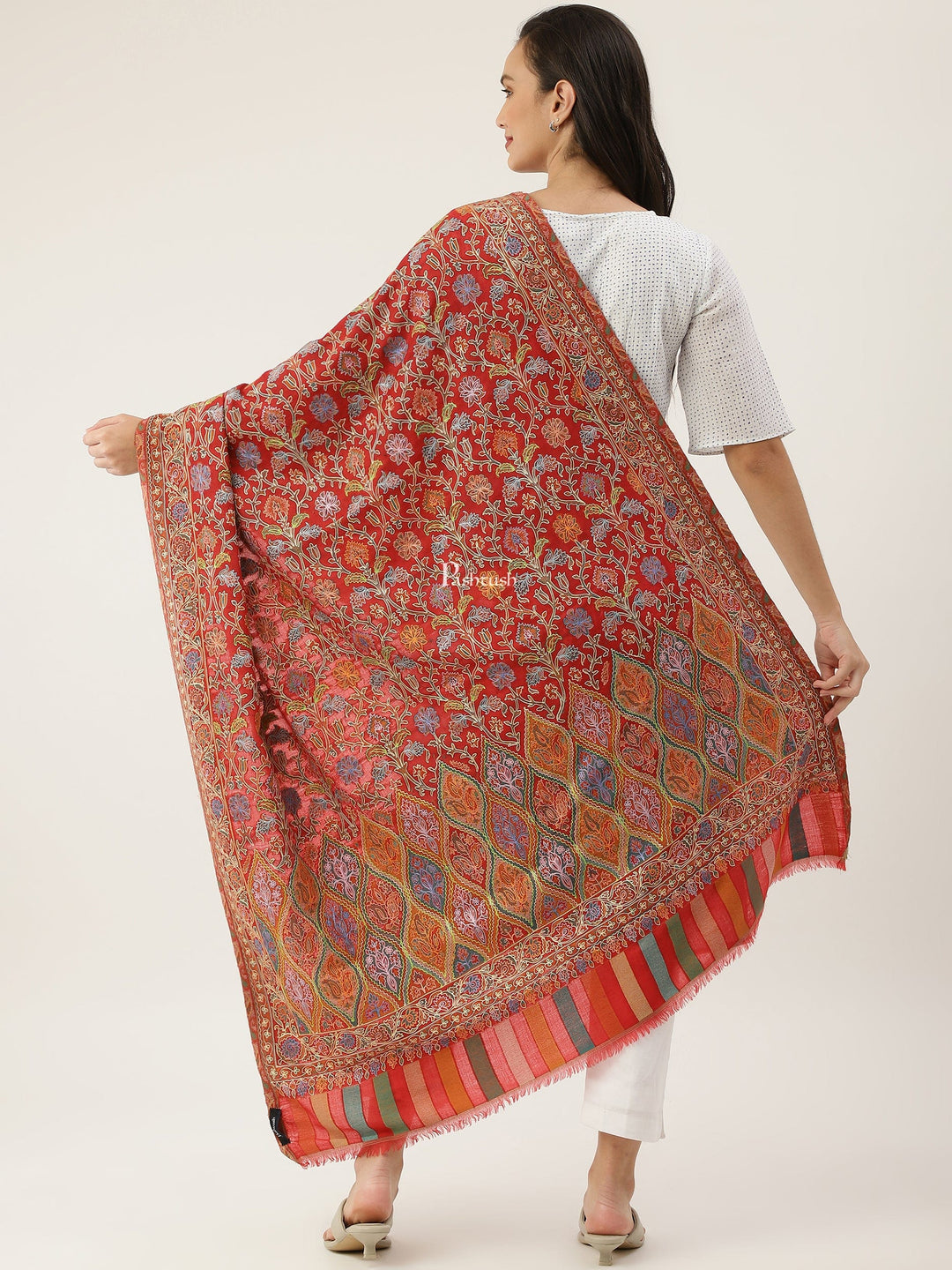 Pashtush India Womens Shawls Pashtush women Fine Wool shawl, Hand Embroidered Kalamkari design, Multicolour