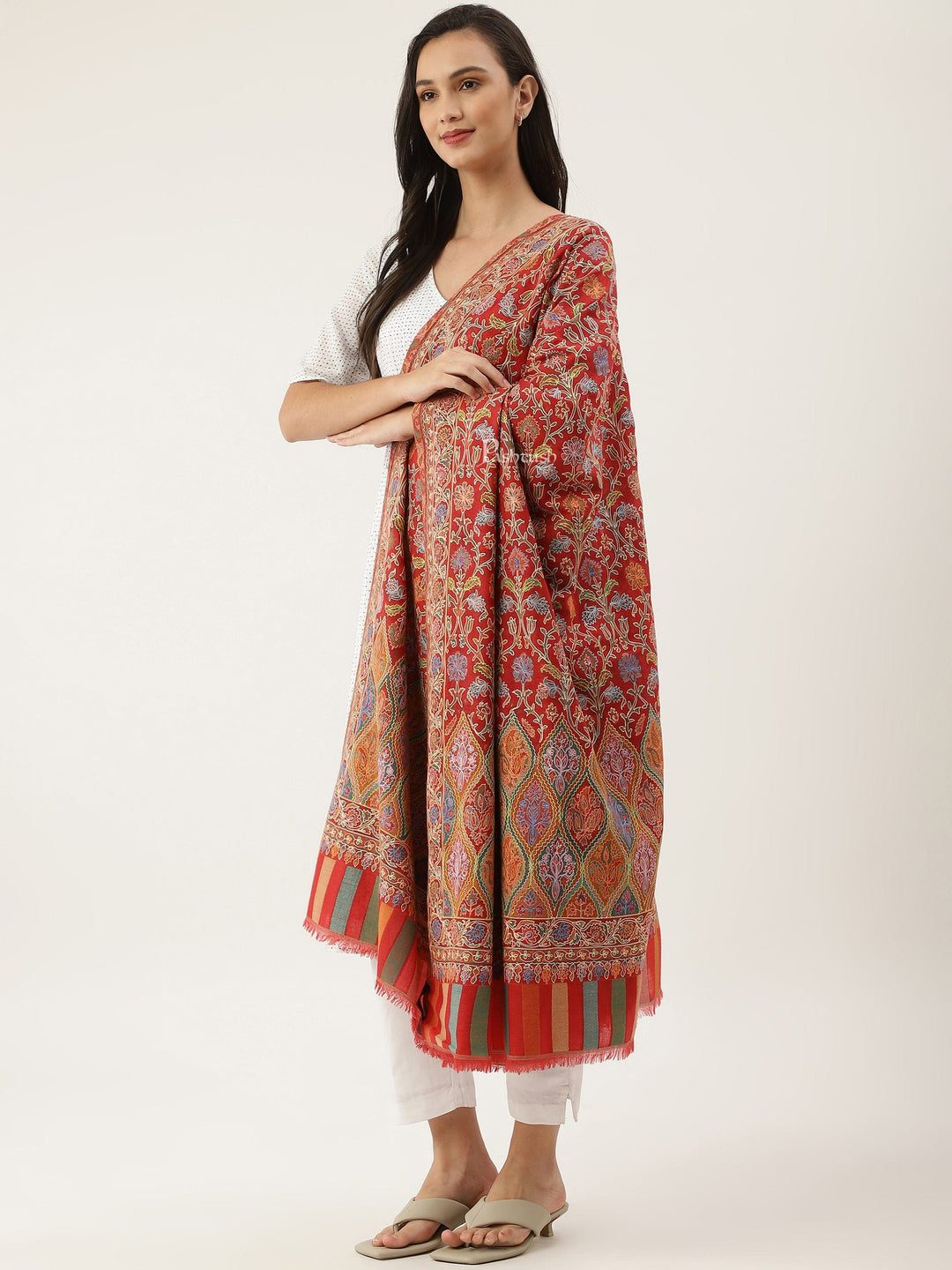 Pashtush India Womens Shawls Pashtush women Fine Wool shawl, Hand Embroidered Kalamkari design, Multicolour