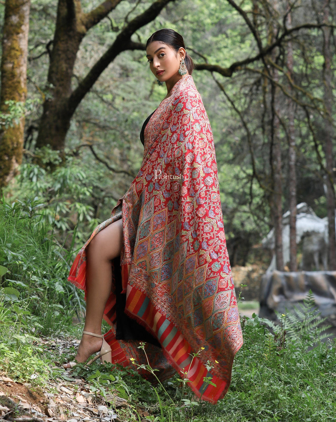 Pashtush India Womens Shawls Pashtush women Fine Wool shawl, Hand Embroidered Kalamkari design, Multicolour