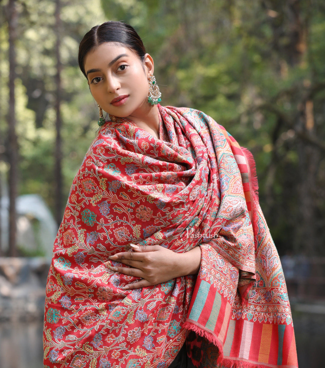 Pashtush India Womens Shawls Pashtush women Fine Wool shawl, Hand Embroidered Kalamkari design, Multicolour