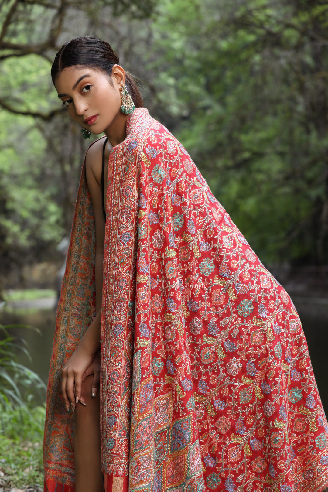 Pashtush India Womens Shawls Pashtush women Fine Wool shawl, Hand Embroidered Kalamkari design, Multicolour