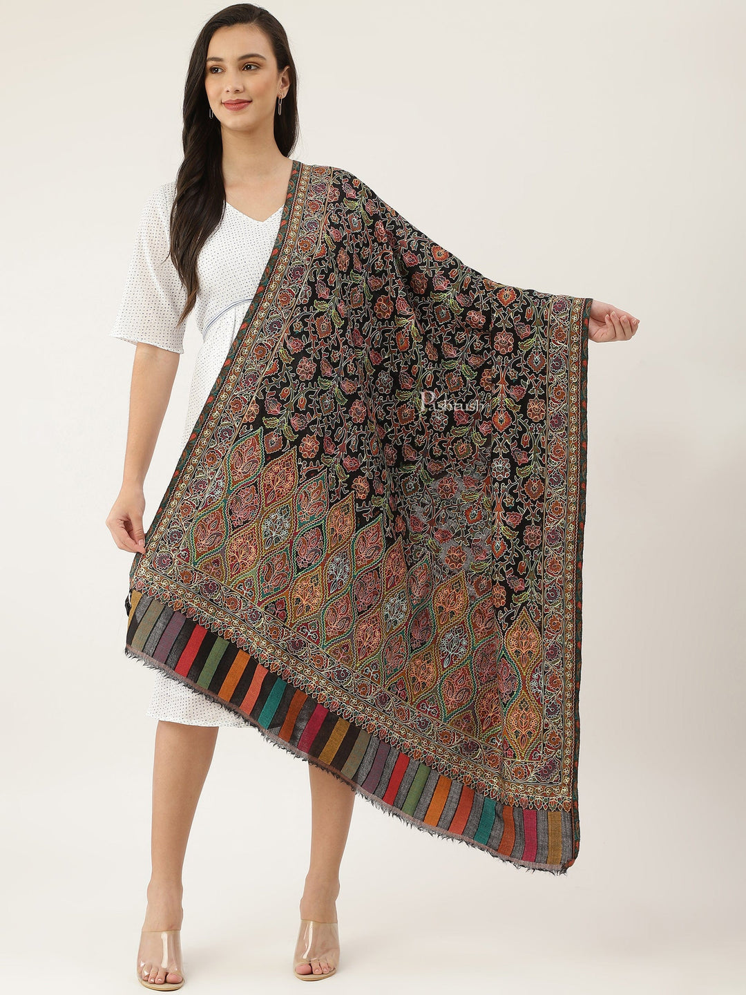 Pashtush India Gift Pack Pashtush women Fine Wool shawl, Hand Embroidered Kalamkari design, Multicolour