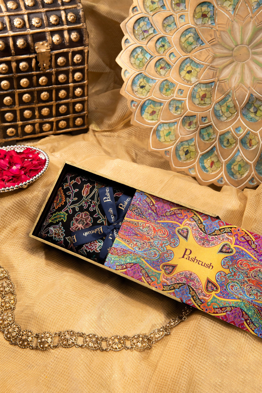 Pashtush India Gift Pack Pashtush women Fine Wool shawl, Hand Embroidered Kalamkari design, Multicolour
