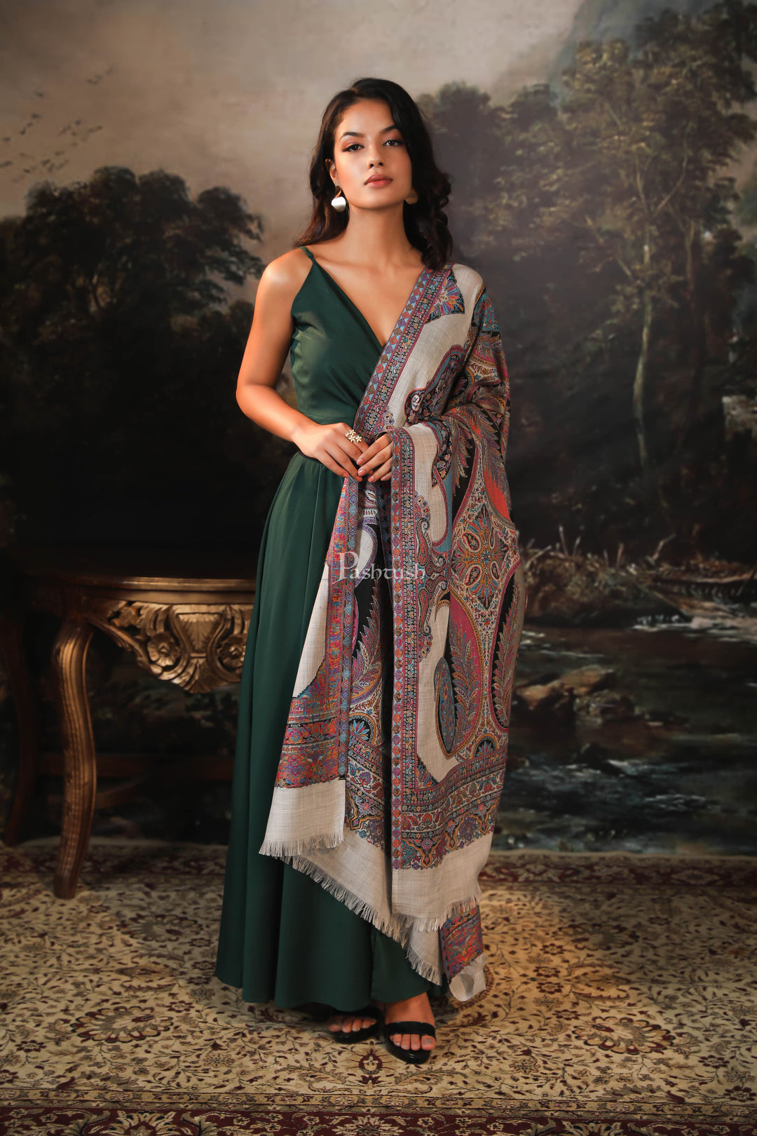 Pashtush India Womens Shawls Pashtush women fine wool shawl, paisley design, blue