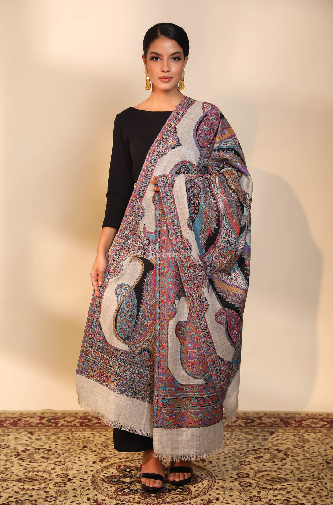 Pashtush India Womens Shawls Pashtush women fine wool shawl, paisley design, blue