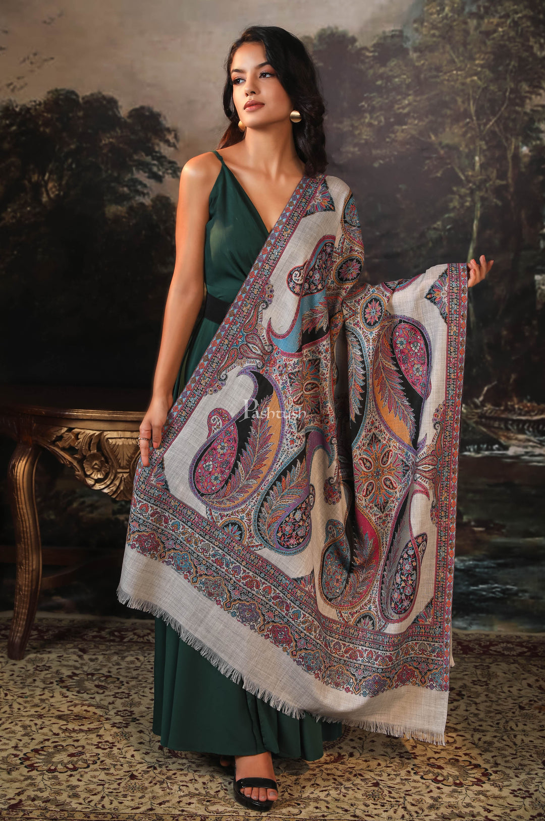 Pashtush India Womens Shawls Pashtush women fine wool shawl, paisley design, blue