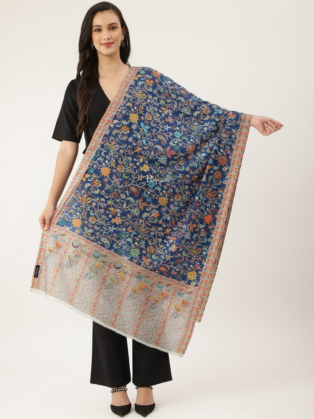 Pashtush India Womens Stoles and Scarves Scarf Pashtush women Fine Wool stole, Kalamkari design, Multicolour