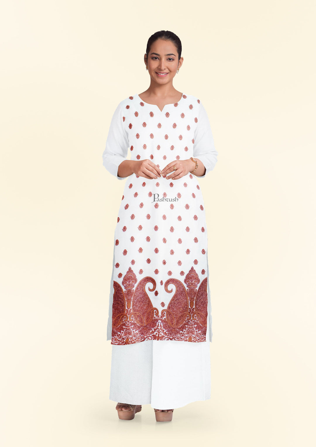 Pashtush India Apparel &amp; Accessories Pashtush women Fine Wool suit with shawl, Kashmiri Embroidery design, Ivory