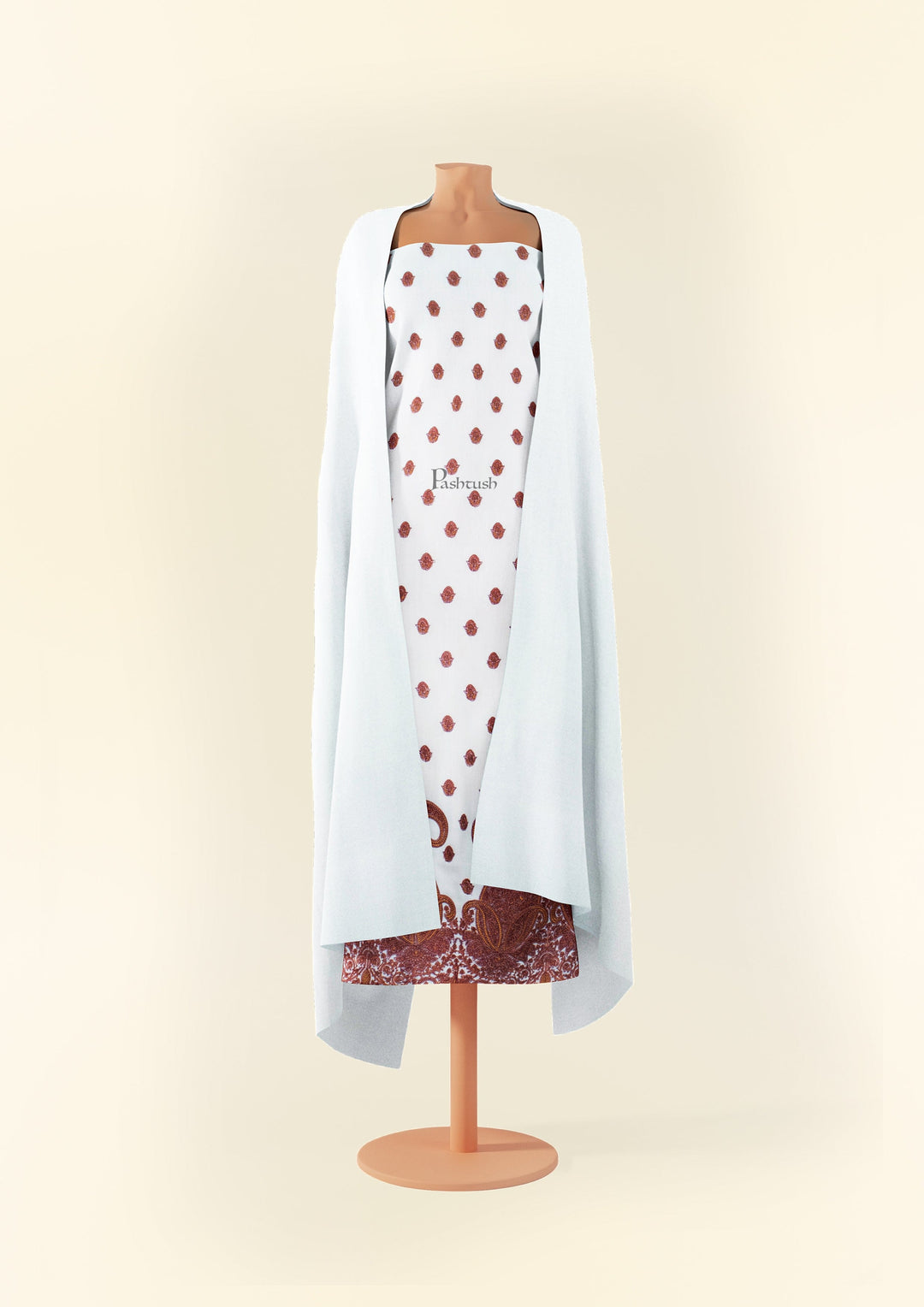 Pashtush India Apparel &amp; Accessories Pashtush women Fine Wool suit with shawl, Kashmiri Embroidery design, Ivory