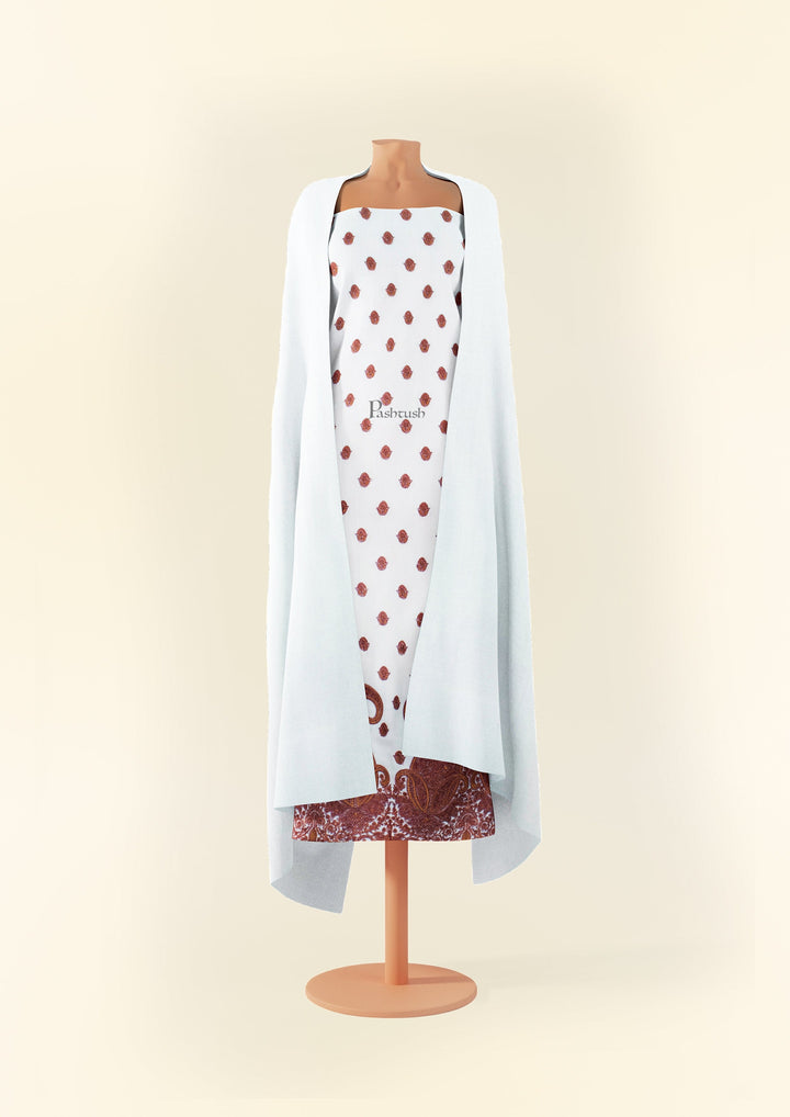 Pashtush India Apparel &amp; Accessories Pashtush women Fine Wool suit with shawl, Kashmiri Embroidery design, Ivory