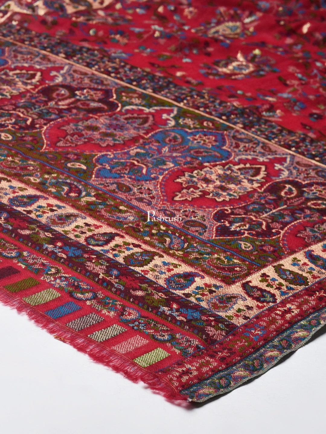 Pashtush India Womens Stoles and Scarves Scarf Pashtush Women Maroon Golden 100% Pure Wool Woven Design Ethnic Stole